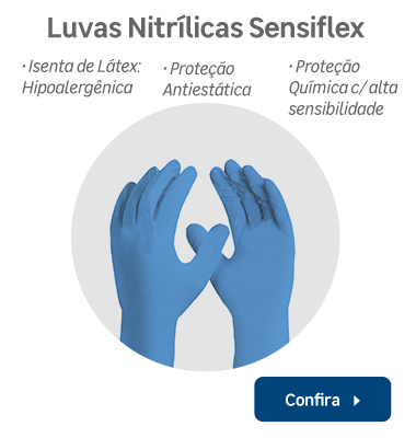 Clique aqui para conhecer as nossas Luvas Descartáveis Nitrílicas Sensiflex Danny! Elas são isentas de látex, ou seja, hipoalergênicas, apresentam proteção antiestática e possuem proteção químicas garantindo alta sensibilidade!